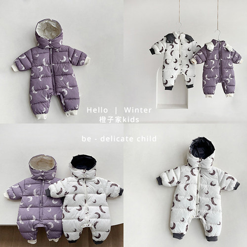 连体衣长爬月亮印花连帽拉链冬季