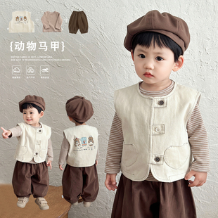 男童春秋装卡通马甲套装男宝宝韩系条纹打底衫婴儿休闲百搭灯笼裤
