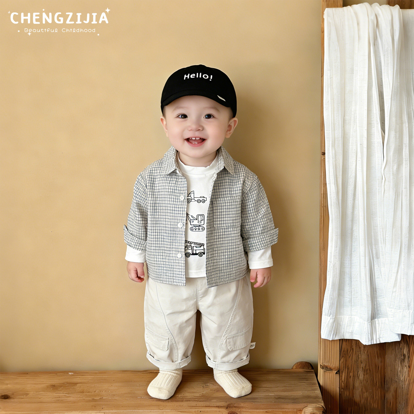男宝宝春秋装格子衬衫套装男童韩系翻领衬衣休闲T恤婴儿宽松裤子