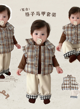 男童冬款保暖马甲套装男宝宝夹棉加厚背心打底衫上衣婴儿加绒裤子