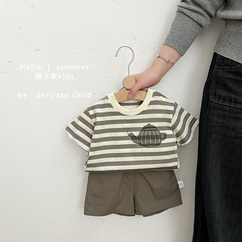男童夏季短袖短裤套装男宝宝洋气条纹T恤上衣婴儿韩版休闲五分裤