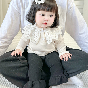韩版 ins宝宝秋季 套装 婴幼儿甜美可爱大花边领上衣百搭喇叭打底裤