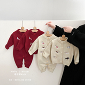 红色女童可爱卡通连体衣爬服婴儿保暖开衫 男宝宝针织毛衣冬季 新款