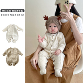 2026春秋新款 女婴儿连体衣哈衣男宝宝衣服针织长爬服超萌外出毛衣