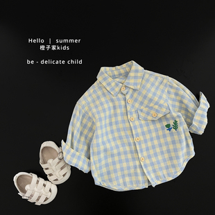男童春秋季韩系格子衬衫男宝宝纯棉百搭衬衣婴儿休闲宽松翻领上衣