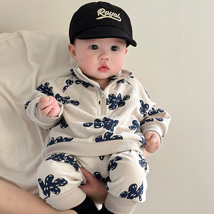 洋气运动棒球服女宝宝休闲衣服潮 婴儿韩版 男童春秋装 花朵卫衣套装
