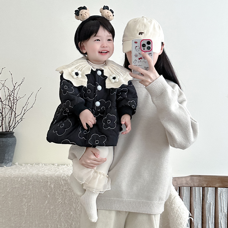 女童冬装可爱夹棉保暖棉服加绒打底裤套装婴儿加厚棉衣女宝宝棉裤