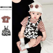 条纹T恤连体爬服男女童装 婴儿夏季 套装 宝宝薄款 短袖 奶牛背带短裤