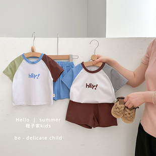 薄款 短裤 男宝宝夏季 拼色短袖 套装 男童字母印花T恤婴儿百搭五分裤