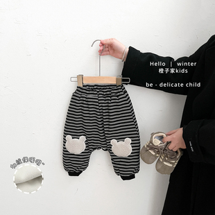 男童裤子冬款条纹加绒加厚长裤男宝宝卡通保暖卫裤婴儿洋气束脚裤