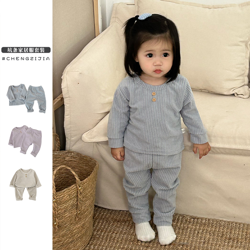 女宝宝春秋季新款坑条纯色两件套