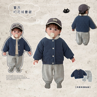 百搭上衣婴儿保暖束脚裤 男宝宝韩版 加厚加绒棉服外套套装 男童冬款