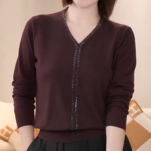 V领镶钻针织衫女士2025秋冬新款