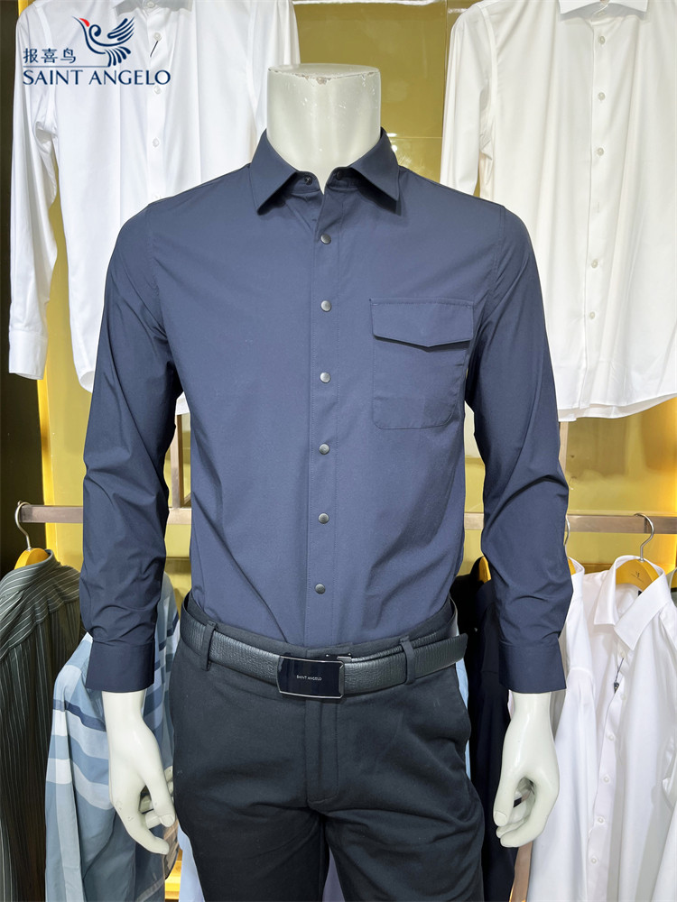 报喜鸟亨利格兰24年秋季纯黑色男士时尚修身青年弹力长袖衬衫衬衣