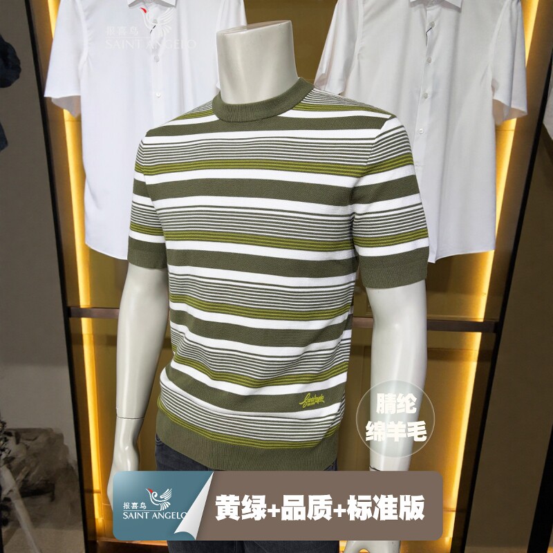 报喜鸟秋冬绵羊毛条纹短袖羊毛衫