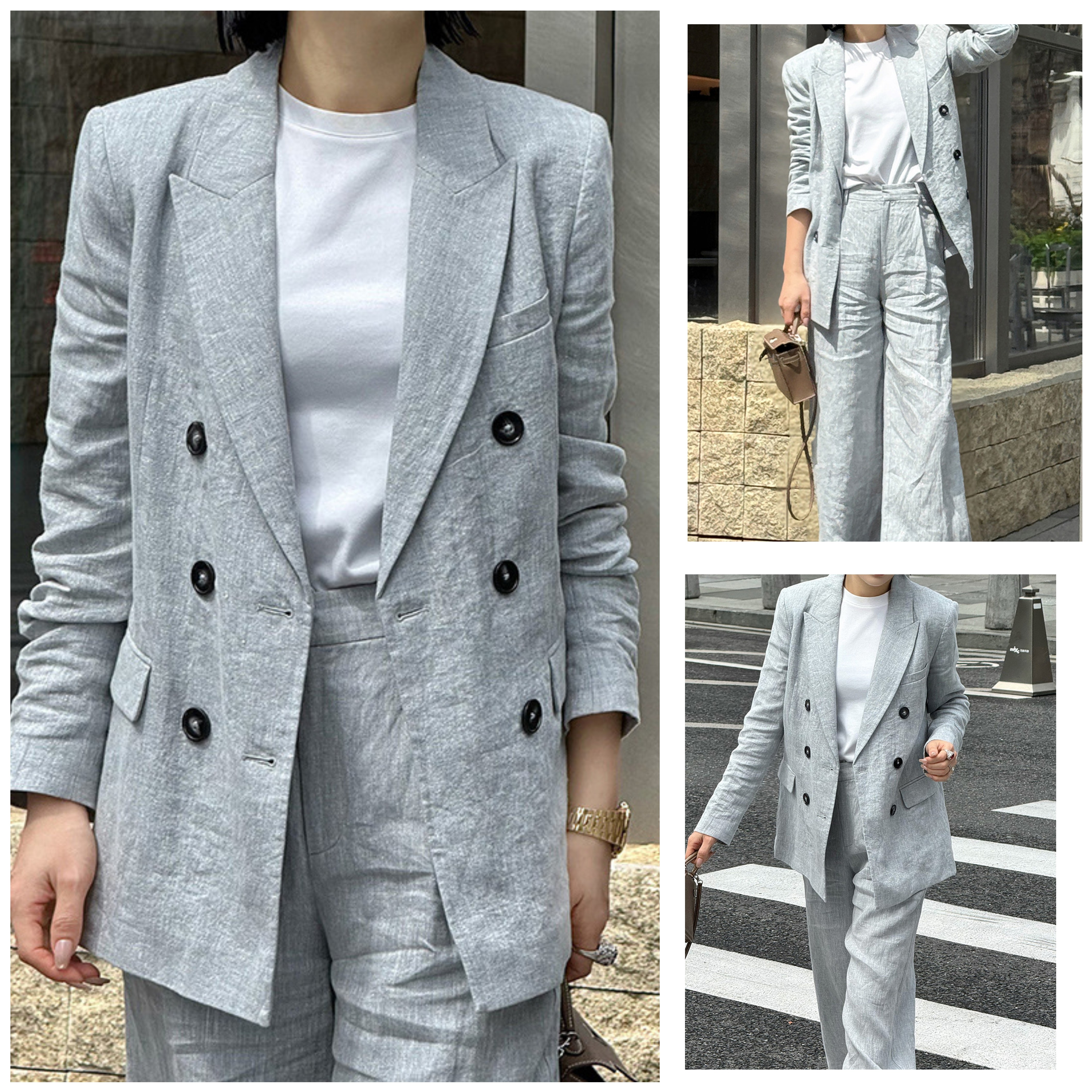高级感气质通勤亚麻西装外套女秋冬新款2026设计感双排扣时尚上衣