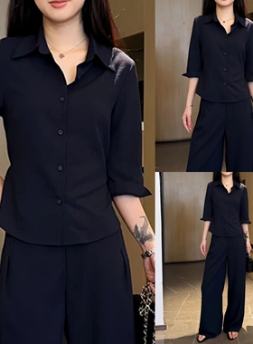 老钱风翻领七分袖藏蓝色衬衫女2025年秋季新款小个子时尚休闲上衣