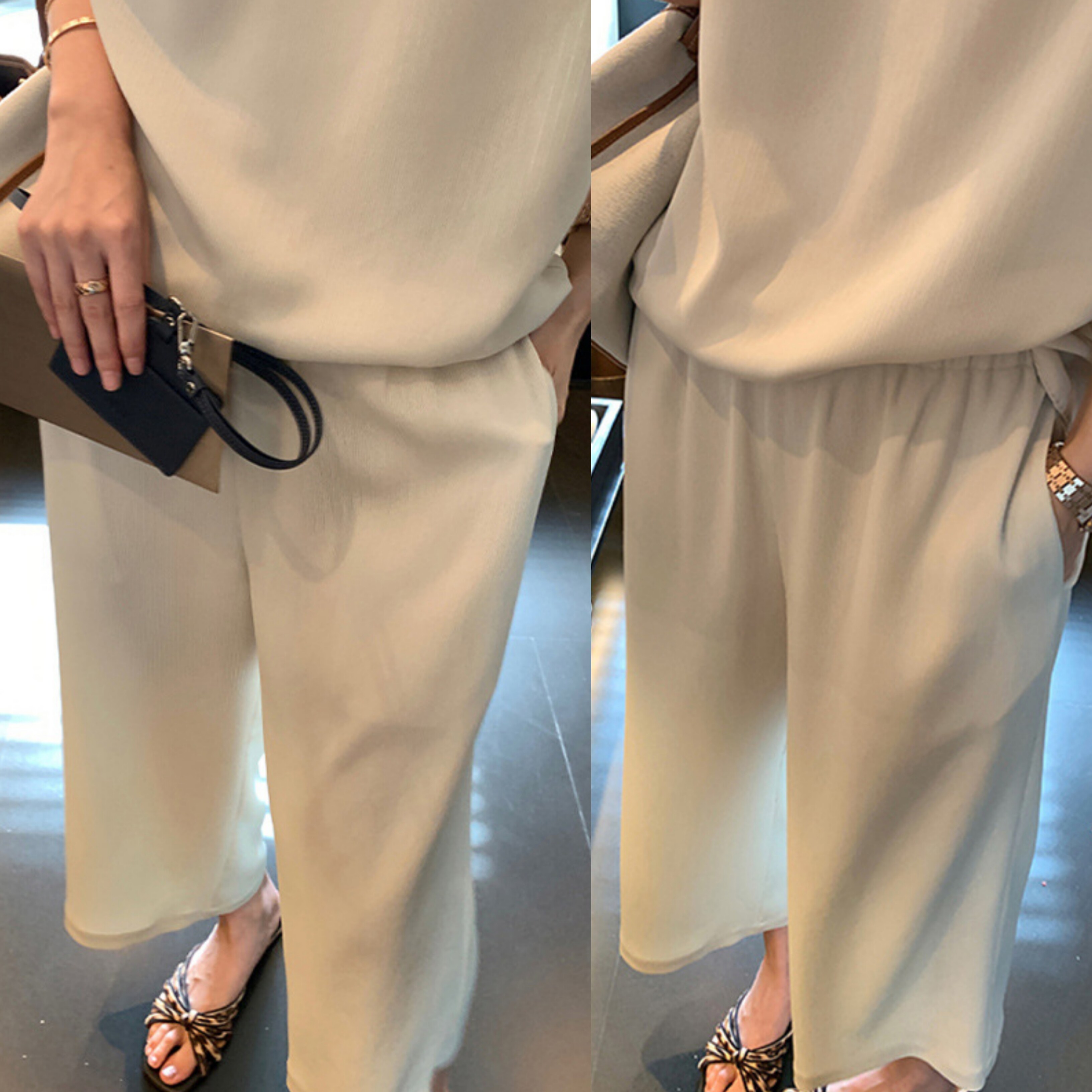 高级感松紧腰米白色休闲裤女2026夏季新款垂感防晒阔腿裤直筒裤子