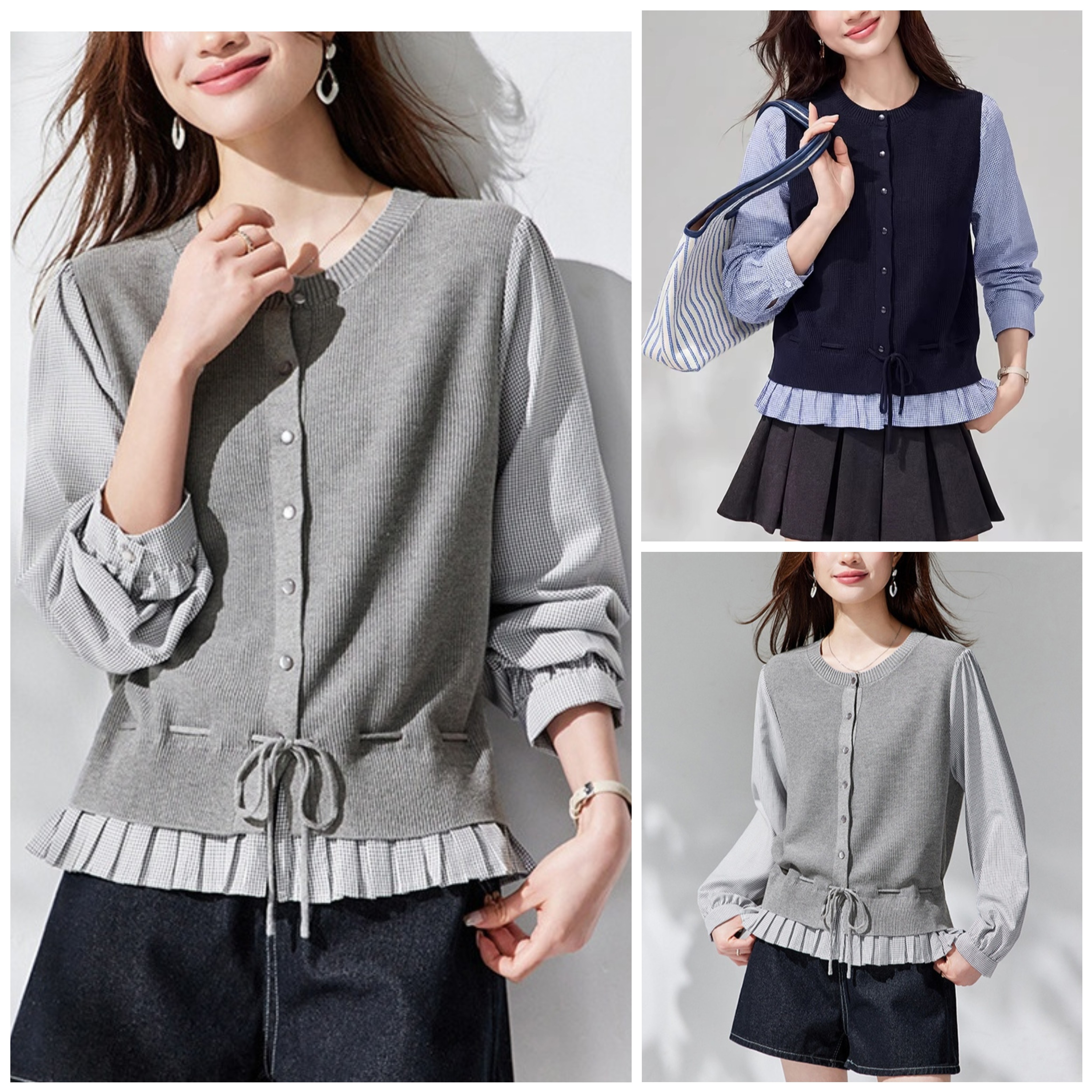 春款针织开衫假两件上衣  宽松圆领女士上衣