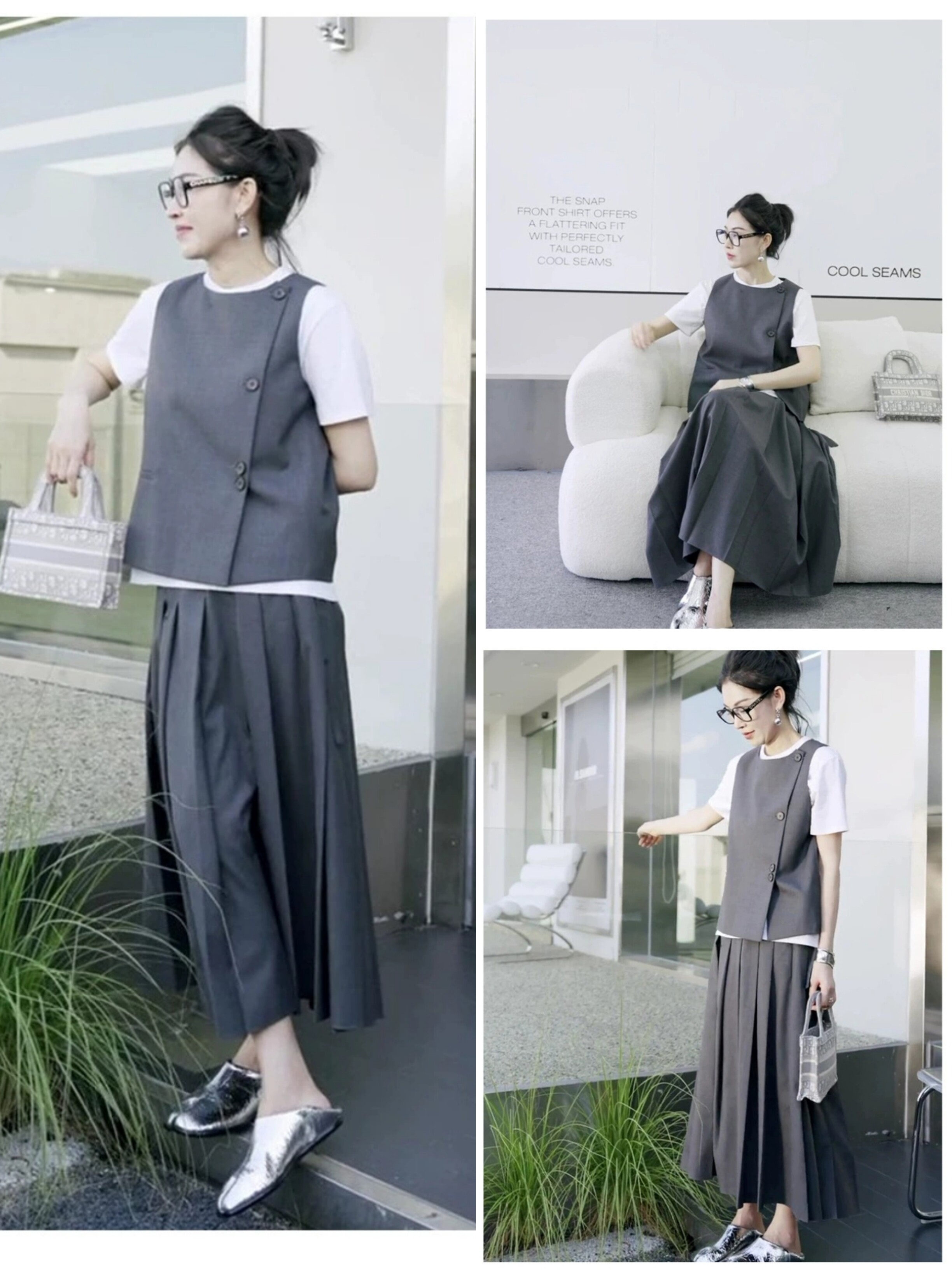 早秋2025新款灰色背心套装女高级感港风复古无袖上衣百褶裙两件套