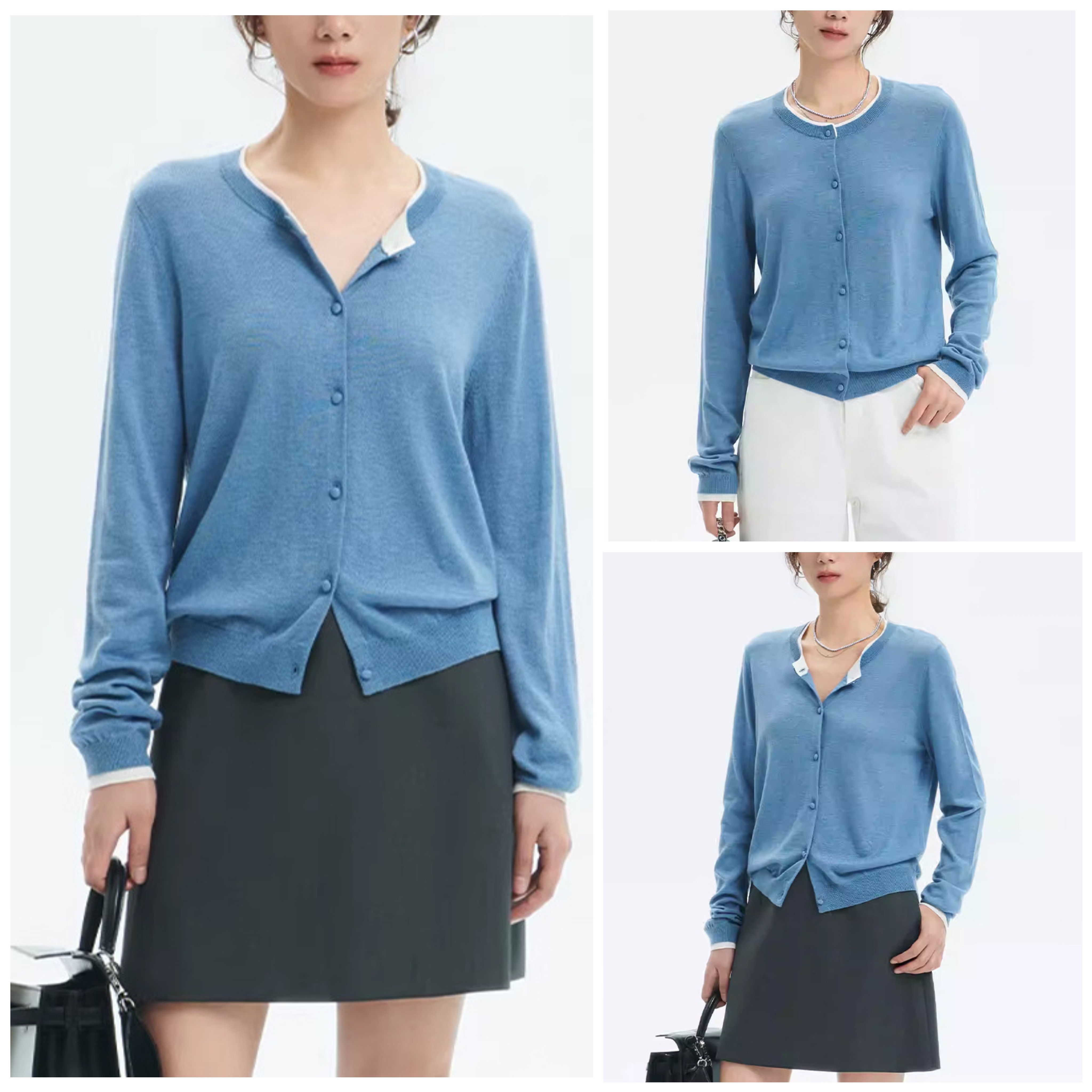 假两件撞色拼接圆领针织开衫女2026年早春新款小个子休闲百搭上衣