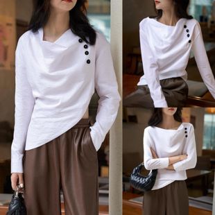 复古设计感立领长袖本白色衬衫女不规则气质显瘦高级轻奢休闲上衣