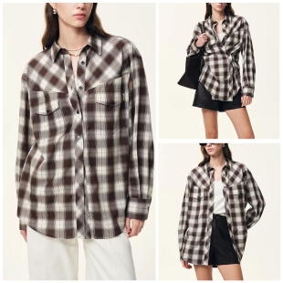 2026早春新品 天丝羊毛格子斜襟衬衫 乌木棕薄款 两穿上衣 FR定单