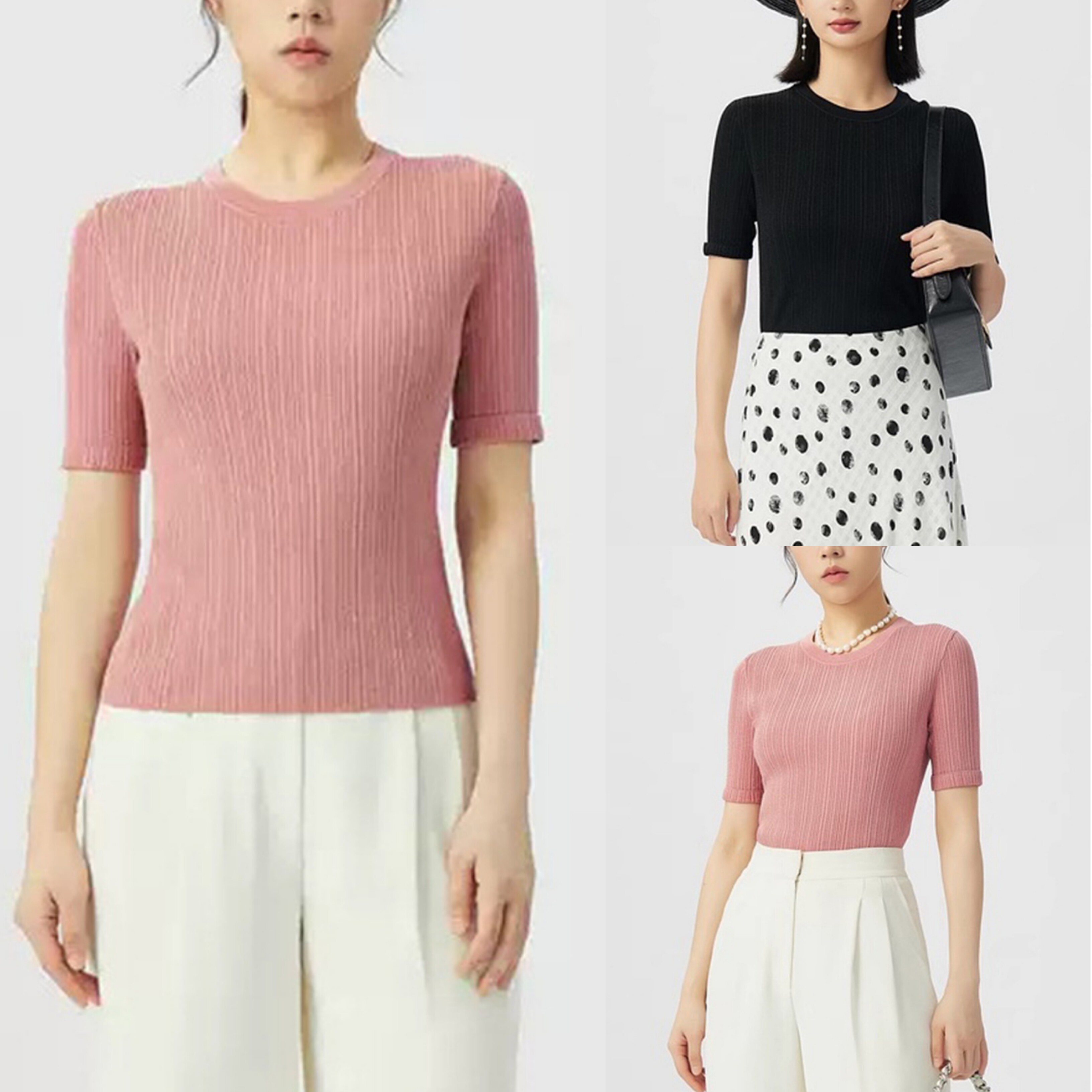 2025年夏季新款圆领短袖纯色针织衫女高级感凉感冰丝气质通勤上衣