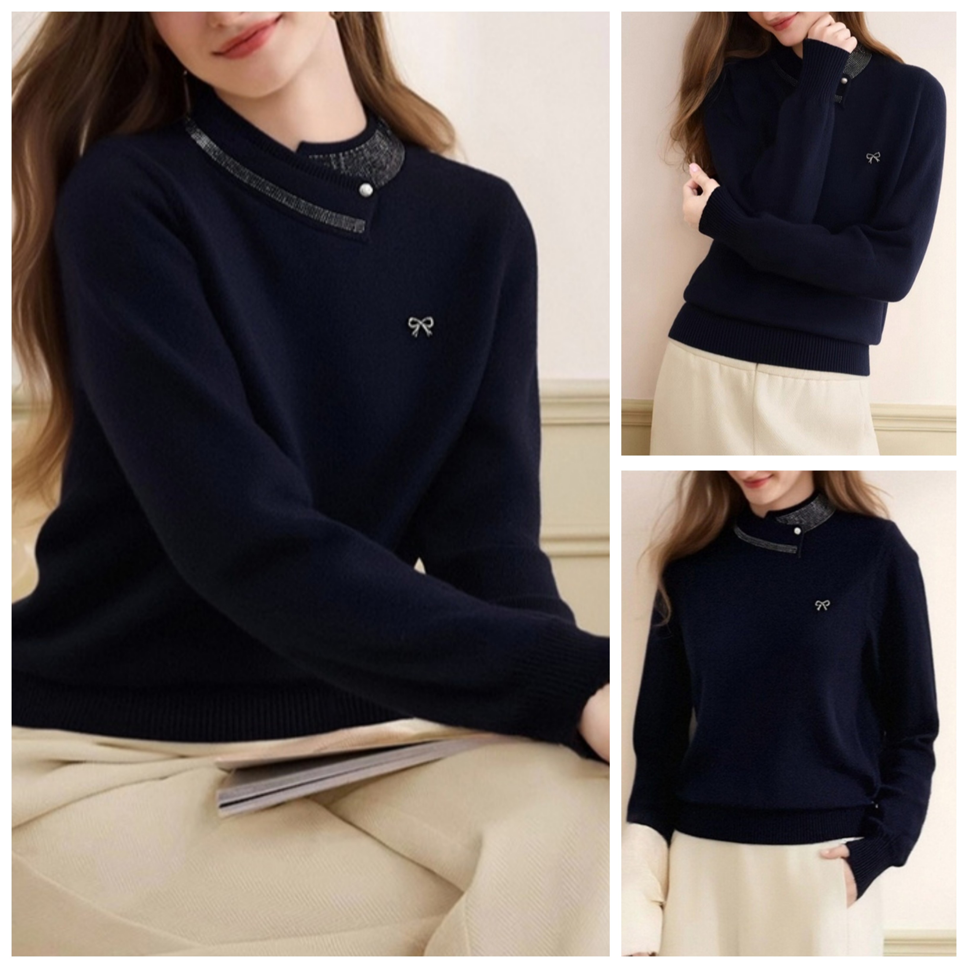 2026早春新款套头藏青色针织衫女高级感绵羊毛重工镶钻小个子上衣,女装/女士精品,毛针织衫,淘宝优惠券,粉丝福利购,淘宝优惠卷