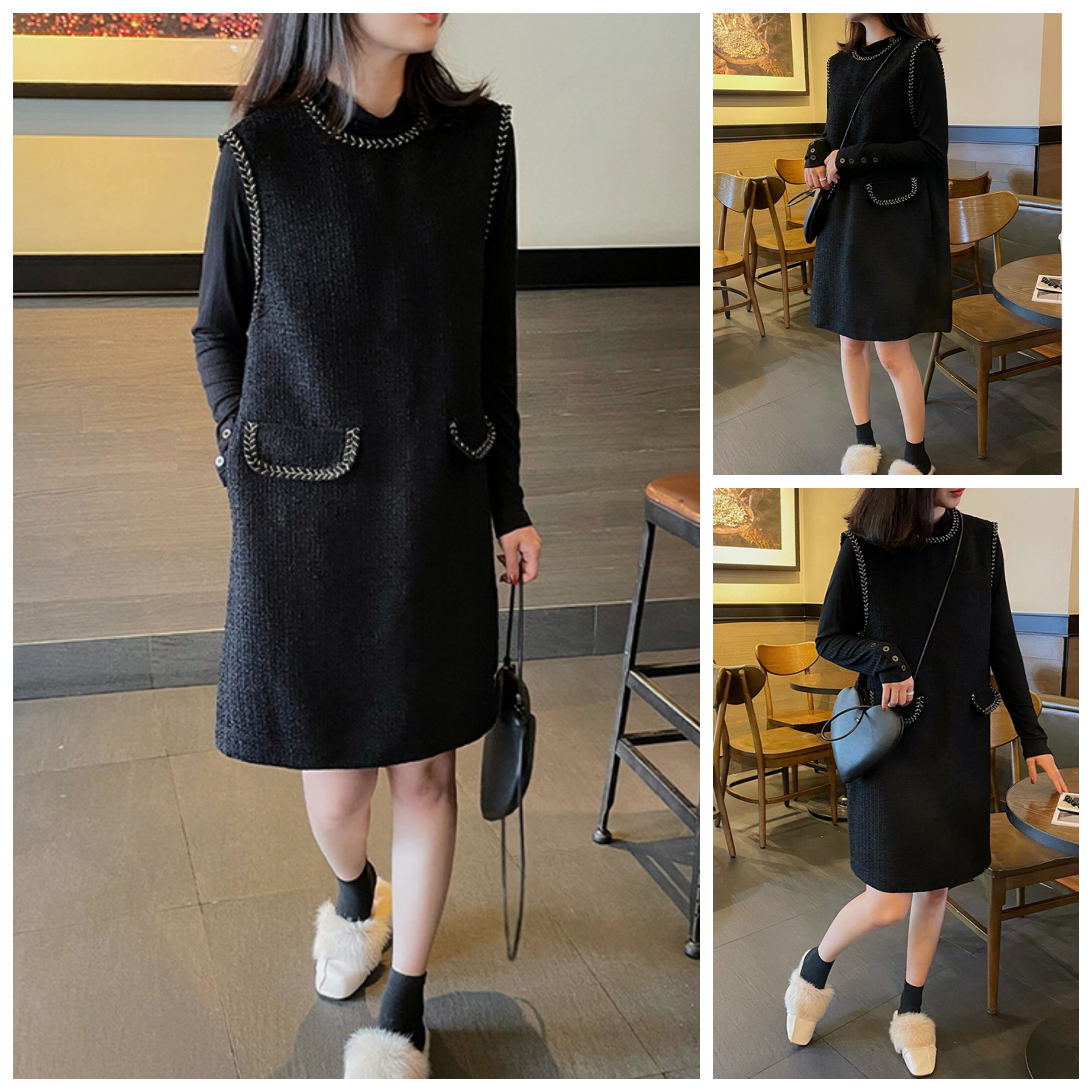 小香风气质无袖背心连衣裙秋冬季新款外穿中长款黑色毛呢裙子女装