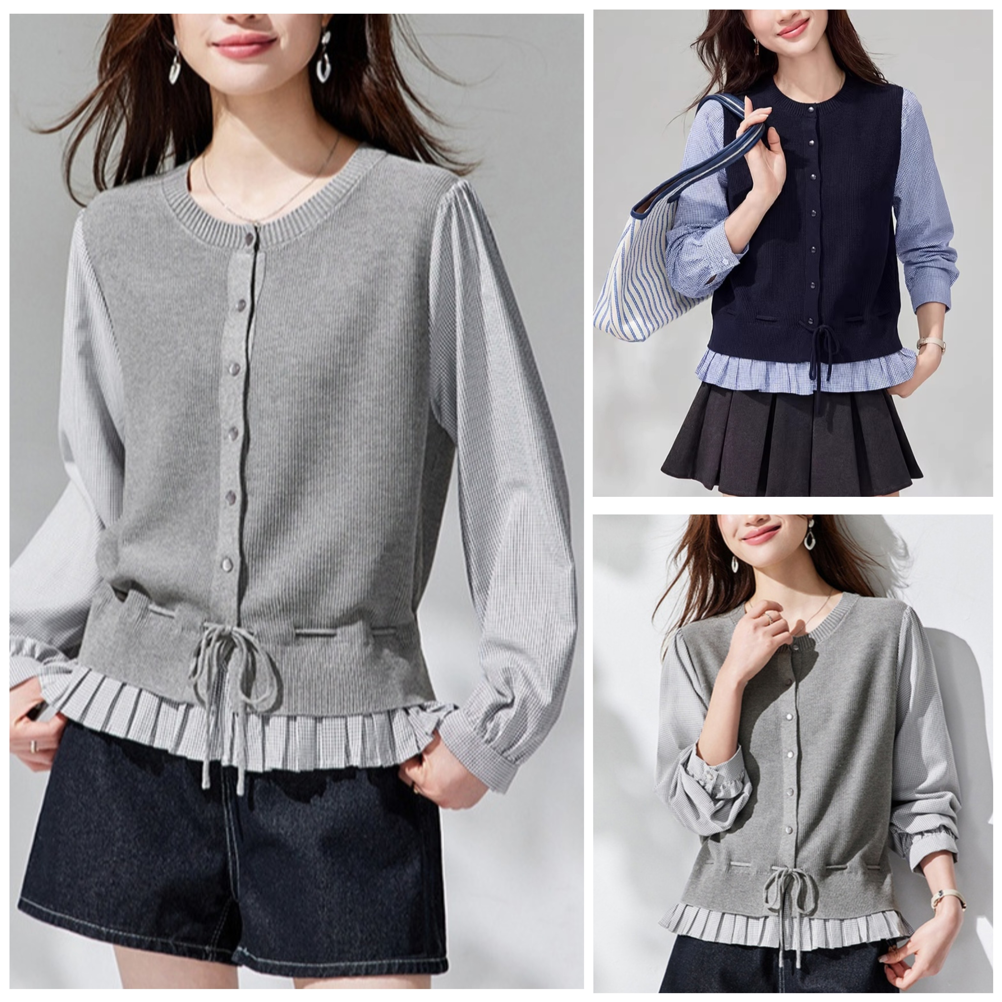 春款针织开衫假两件上衣  宽松圆领女士上衣