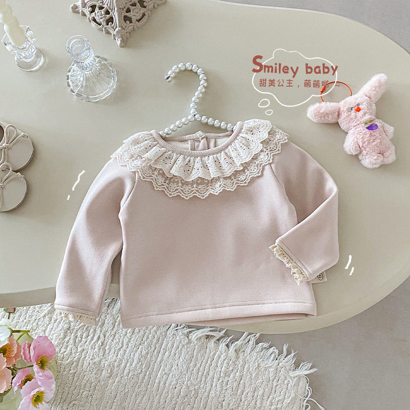 女童加绒打底衫秋冬新款韩国童装宝宝加厚内搭儿童洋气娃娃领上衣