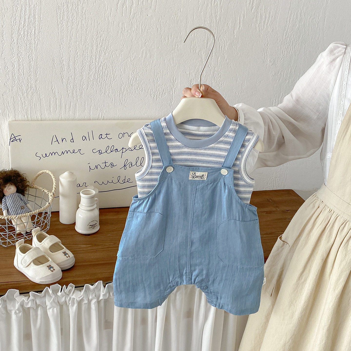 婴儿条纹背心套装男宝宝夏季薄款上衣韩版卡通背带连体裤两件套潮