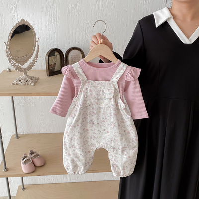 女童秋装飞袖T恤连体背带裤套装