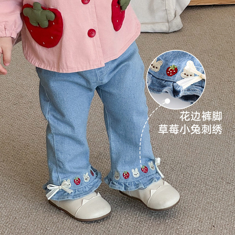 女童卡通刺绣牛仔裤花边洋气长裤