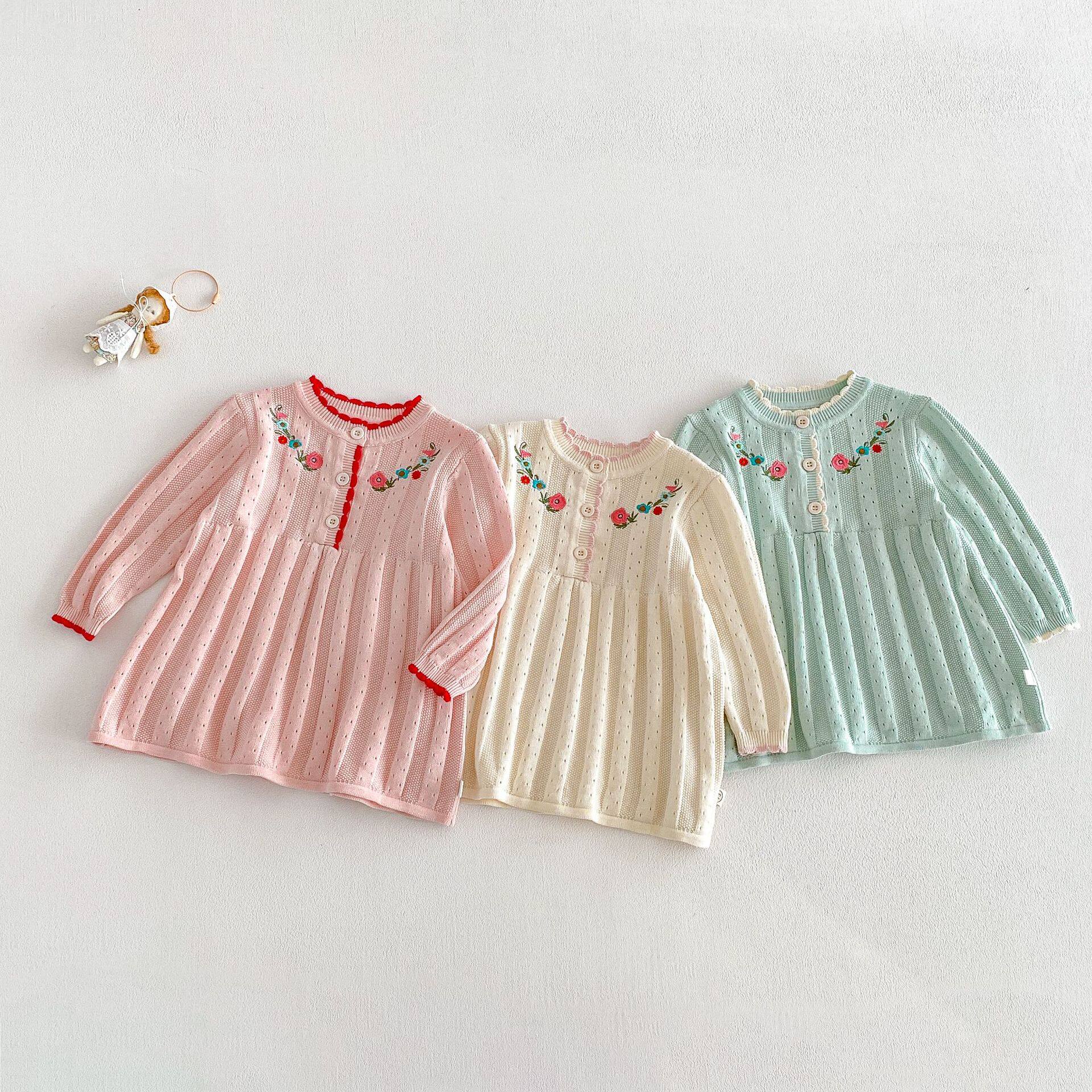 女童洋气绣花毛衣连衣裙春装新款宝宝韩版花边针织衫儿童棉线裙子