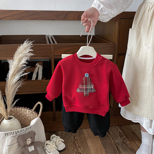 男童加绒加厚卫衣新款儿童一体绒打底衫小童圣诞树贴布冬装上衣潮