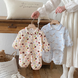 儿童纯棉睡衣套装春秋新款可爱男童家居服上衣裤子女宝宝卡通衣服