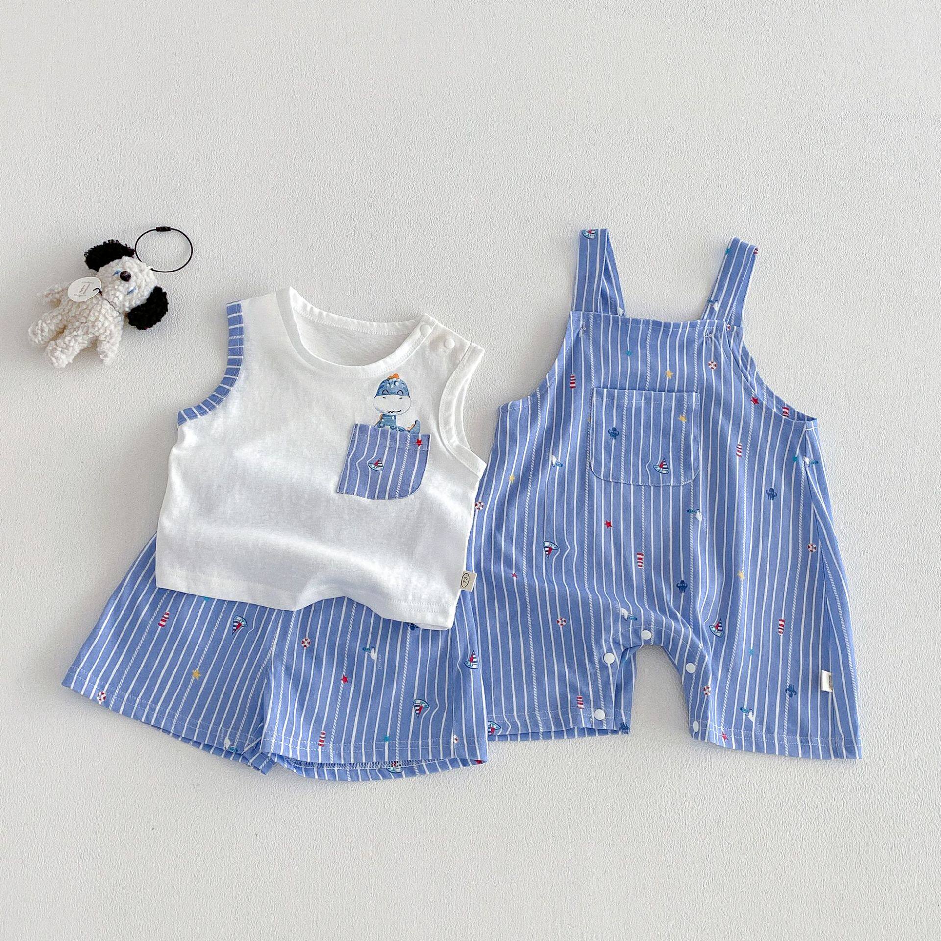 婴儿时尚条纹连体裤2026新款夏季宝宝卡通印花连体衣新生儿背带裤