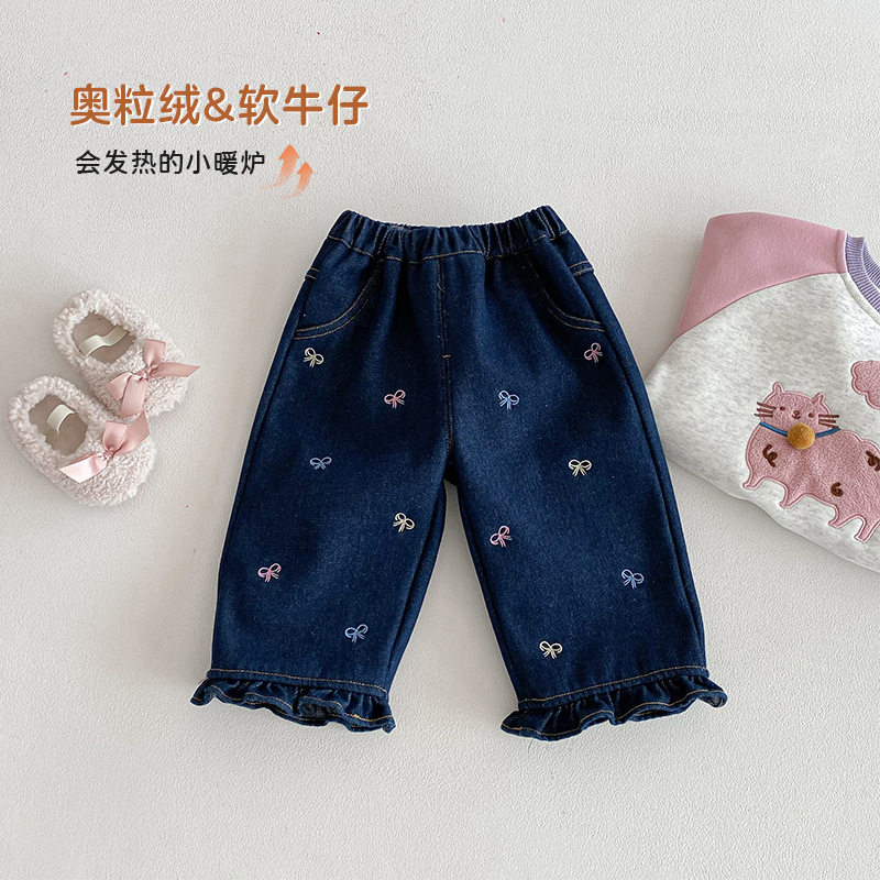女童加绒加厚牛仔裤冬装新款蝴蝶结刺绣直筒裤宝宝花边一体绒长裤