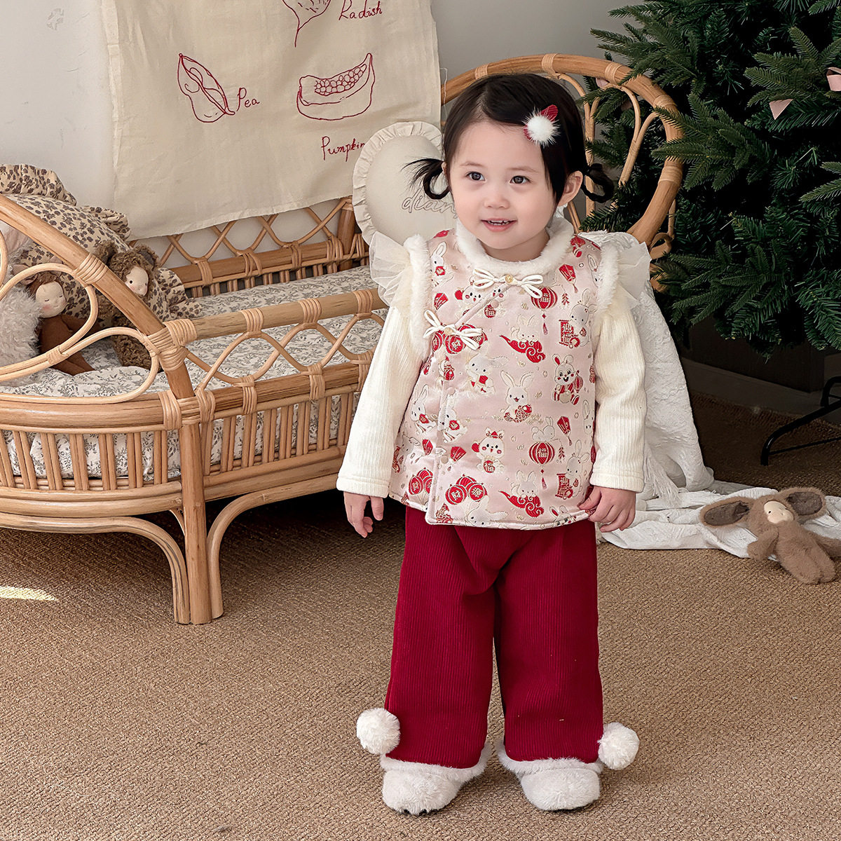 婴儿拜年服中国风马甲裤子两件套