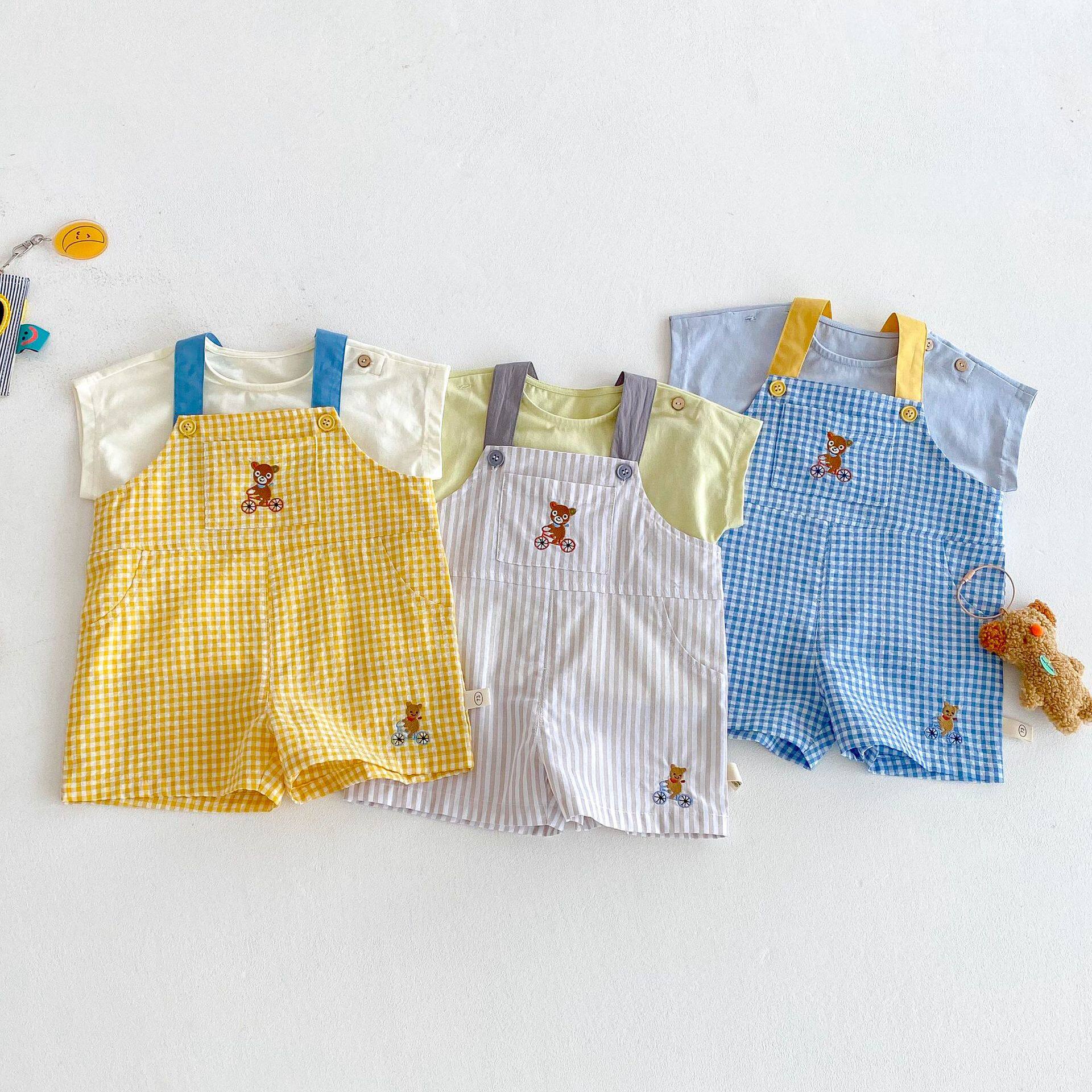 儿童纯棉格子背带裤2025新款夏季男童韩版刺绣小熊休闲裤女童裤子