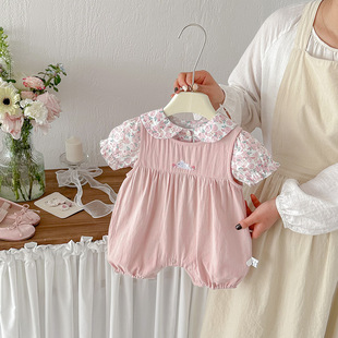 女童夏季卡通刺绣连体衣套装婴儿碎花娃娃领纯棉衬衫背带裤两件套