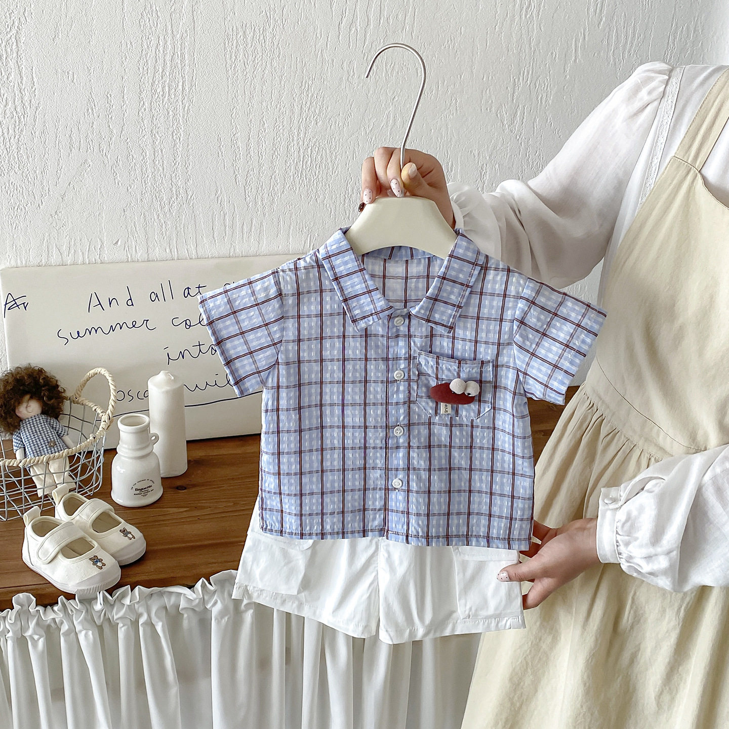 婴儿立体卡通玩偶衬衫夏季新款格子短袖上衣宝宝工装短裤两件套