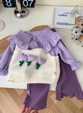 女童吊带花朵毛衣套装春秋季宝宝紫色娃娃领衬衫螺纹喇叭裤三件套