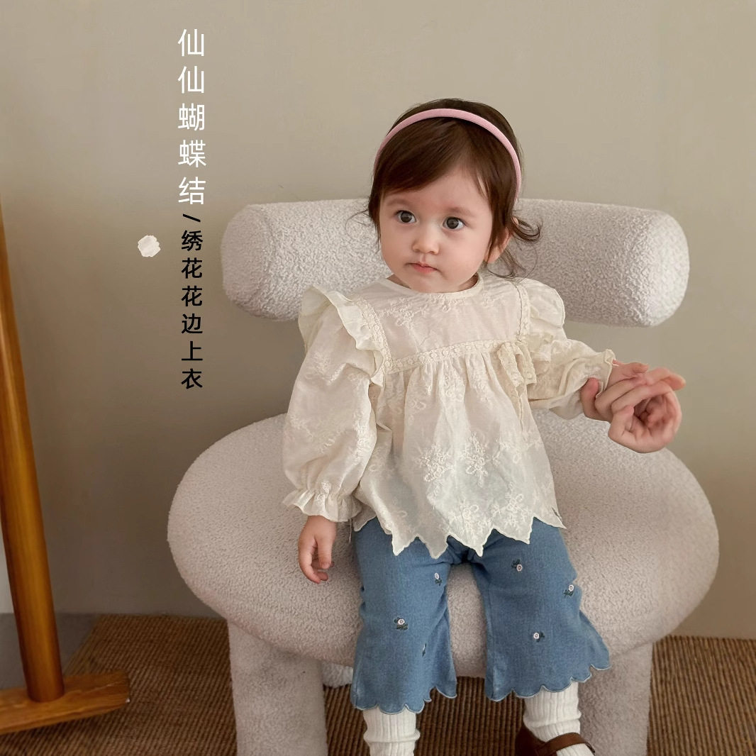 女童纯棉提花娃娃衫宝宝飞袖衬衣