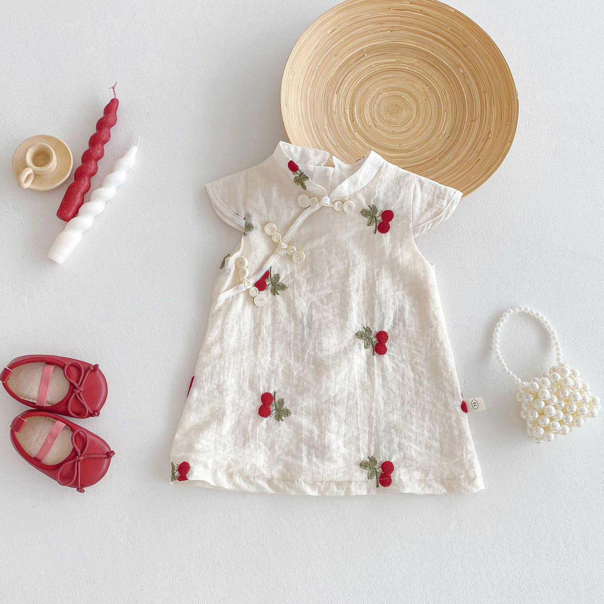 女童樱桃旗袍裙2025新款夏季宝宝斜襟国风连衣裙儿童背心公主裙潮