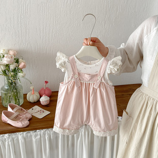 女童夏装背带裤套装小童洋气碎花飞袖上衣纯棉花边连体短裤两件套