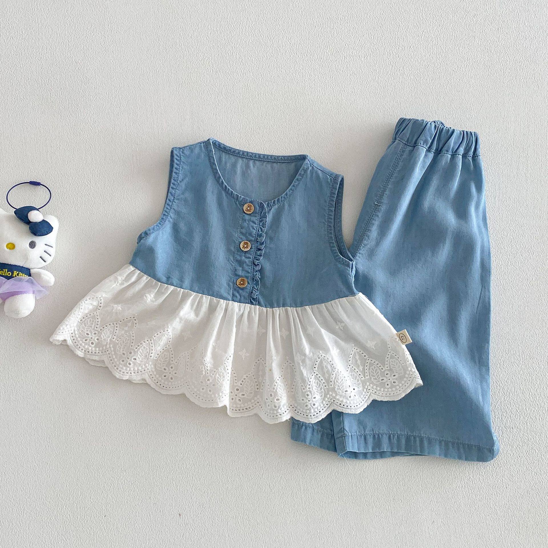 女童时尚套装2026新款夏季宝宝花边背心上衣儿童牛仔阔腿裤两件套