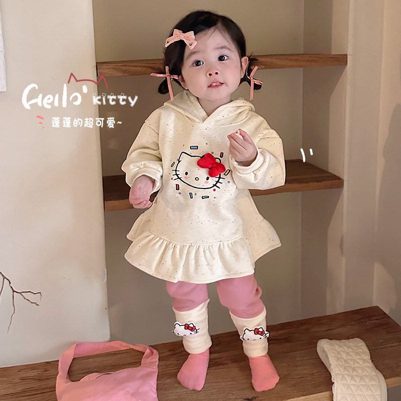 女童卡通猫咪加绒卫衣宝宝加厚连帽裙衫儿童韩版童装打底裤两件套